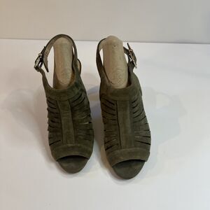Alfani Primere Heels Slingbacks Cone Womens 7.5 Green Suede Wooden Buckles Flaw